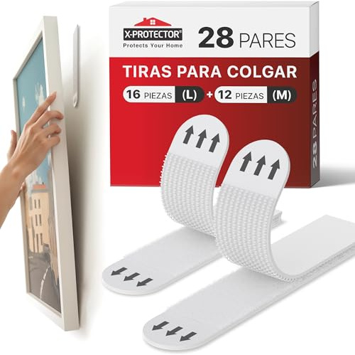 X-Protector Picture Hanging Strips - 28 Pairs Damage Free Picture Hangers - Self Adhesive Picture Hangers Without Nails - Heavy Duty wall Adhesive - Walls Sticky for Hanging Up to 9 KG (Size M+L)