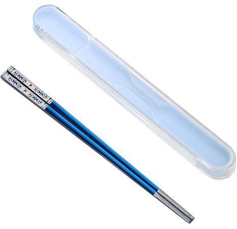 Metal Chopsticks Reusable 1 Pair Stainless Steel Travel Chopsticks Dishwasher Safe Square Lightweight Non-Slip Chop Sticks with case(Blue)