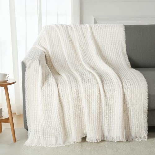 Exclusivo Mezcla Manta Tejida de Punto con Flecos para Sofá, Ligera,Transpirable y Fresca para Verano, Manta Cama de Aire Acondicionado, Lavable a Máquina, 150x200 cm, Marfil