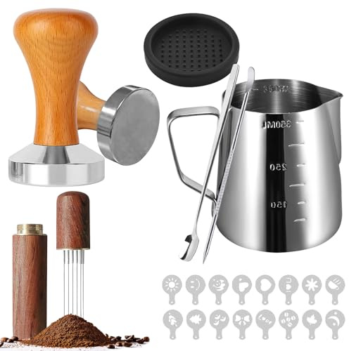 Juego de prensador de café de 51 mm, 22 piezas de prensado, juego de barista con jarra de leche, estera para tamper, distribuidor de café, cuchara mezcladora, bolígrafo para arte de café, plantillas