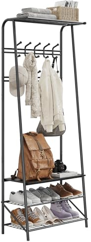 GarveeMore Coat and Shoe Rack, Coat Stand with Shoe Storage Bench, Wood and Metal Frame, with 10 Hooks, a Clothes Rail, for Hallway, Entrance, bathroom, Black(180x60x29cm)