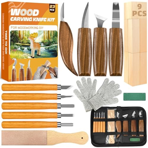 K KERNOWO Woodworking Tools Set 23PCS Wood Whittling Kit for DIY Lovers Beginners, Including Basswood Blocks, PU Storage Bag