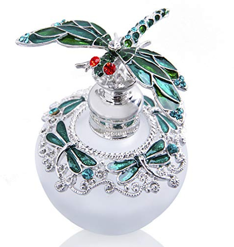 YU FENG 40ml Fancy Empty Crystal Perfume Bottle with Green Dragonfly Stopper Rhinestones Bejewelled Refillable Glass Bottle Containers