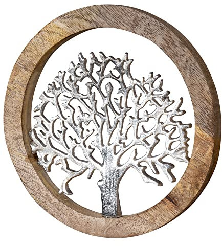 Wandbild Ø25cm Lebensbaum Metall Holz Mango Silber Braun Bild Wand-Deko Hänger Wandhänger Wandobjekt