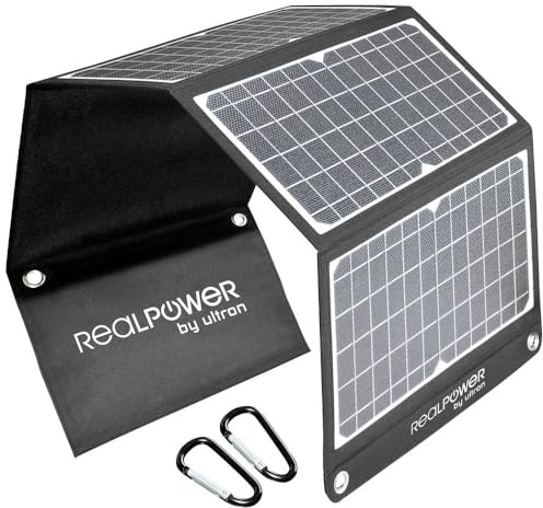 RealPower Solar Ladegerät 30W Faltbares Monokristalline Solarpanel mit USB Anschluss QC 3.0, ETFE wasserdicht, Leicht für Tablet Smartphone Powerbank und Campingreisen