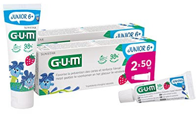 GUM JUNIOR Zahngel | speziell entwickelt für bleibende Zähne | Kinder ab 6 Jahren | Erdbeergeschmack | 2 x 50 (mit 1 Gratisprobe)