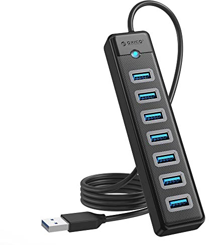 ORICO Hub USB 3.0, 7 Porta Multipresa USB Hub con porta di alimentazione 5V/3A, Sdoppiatore Usb Hub compatibile per laptop, MacBook Pro/Mini, Surface Pro, PS 4, Mobile HDD e altro (100cm)