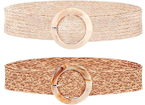 HOLEMZ Cintura Larga Intrecciata Donna Cintura di Paglia Larga Accessori Vintage Stretch Tessere con Fibbia Rotonda Marrone Beige Maglia per Jeans Vestiti Camicie Signora 2 Pezzi