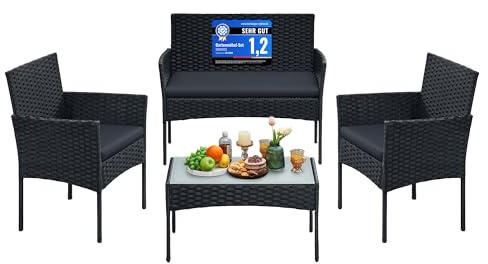 SONGMICS balkongmöbler, trädgårdsmöbelset, av PE-konstrotting, loungeset, terrassmöbler, utomhus, för terrass, balkong, trädgård, svart-grå GGF004B06