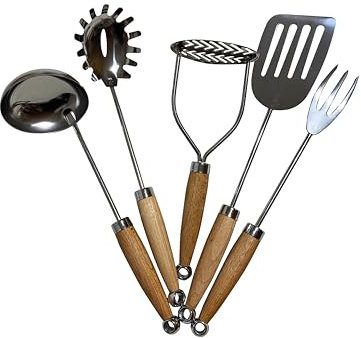 Set di 5 utensili di alta qualità – INOX e legno naturale, Made in EU, mestolo, cucchiaio per spaghetti, schiumarola, forchetta grande, tornitore, cucina, regalo