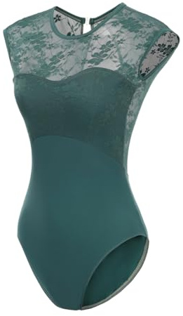 Lanbodance Women Short Sleeve Ballet Leotards for Adult Dance Gymnastics Bodysuit, Dark Green Lace, X-Small