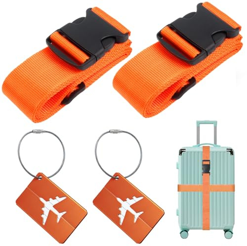 Correas para Maleta (2 Piezas), con 2 Etiqueta de Maleta, Correas de Equipaje Ajustables, para reconocer fácil el Equipaje, Bolsa de Viaje, 5 x 200cm, Color Naranja