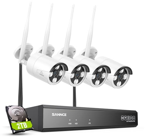 SANNCE Sistema de vigilancia inalámbrico, 16 Canales, CCTV, 4 cámaras 4K para Exterior, para hogar, con grabadora NVR, 8 MP, 16 Canales y Disco Duro de 2 TB