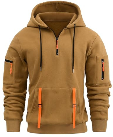 Lonya Sweat a Capuche Homme Manches Longues Sweatshirts 1/4 zippé Kangourou Hoodie Hiver Et Automne Sport Travail Pull Sweats Kaki,M