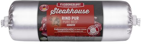 Steakhouse Manzo puro (12 x 500 g), cibo umido per cani e gatti, mangime complementare sensibile, monoproteine, senza cereali, 14 salsicce da Fleischeslust