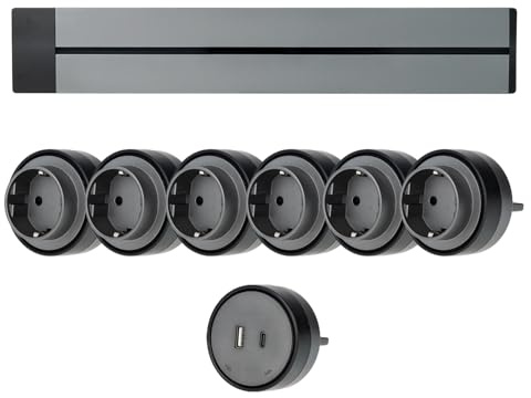 MASTERLED [Garantía Europea] Carril Enchufe Pared, hasta 7 Tomas, Regleta Lineal, raíl Modular, conexión Deslizante, Riel eléctrico, Power Strip, 50cm (6 Schuko + 1 USB)