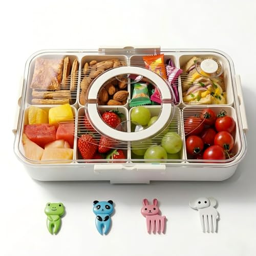 Enssjoy Snack Box with 8 Removable Compartments, Divided Serving Tray with Lid & Handle, Reusable Snack Containers for Snack, Sandwich, Spices, Sweets, Fruit, Nuts, Salad, Crisps & Dips