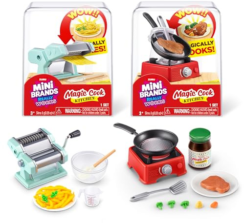 Mini Brands Really Works Magic Cook Kitchen Capsule Series 1 Pasta Maker & Steak with Pan Set by ZURU, Miniature Real Working Kitchen Appliances, Non-Edible Collectible Toy Mystery Capsule