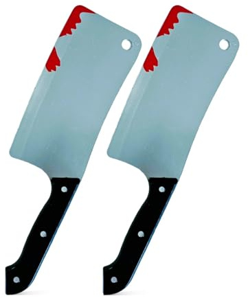 2 Pack Halloween Fake Knife Prop, Realistic Bloody Knives Machete Cleaver & Pitchfork Party Supplies Tricksters Horror Prank Toy Fancy Dress Up Costume Party Accessory (Bloody Cleaver Weapon (2 Pack))