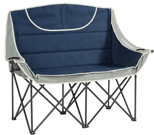 LARMNEE Chaise de Camping Pliable, 2 Porte-Gobelets et Sac de Rangement, Canapé Rembourré 2 Places de 50 cm de Large, Supportant 200 kg, pour Pêche, Pique-Nique, Plage, Pelouse, Bleu et Gris EBU03LC02