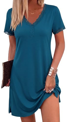 Aseniza Chemise de Nuit Femme Manches Courtes Dentelle Col en V Robe de Nuit Sexy Nuisette pour l’Été Confortables