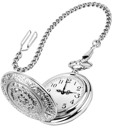 Menibeuty Reloj de Bolsillo de Cuarzo con Grabados Intricados, Caja de Acero Plateado con Esfera de Números Arábigos, Incluye Cadena de 37cm, Regalo Clásico para Hombres y Mujeres, Plata