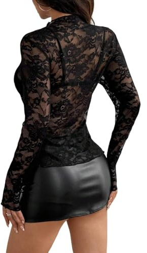 Hiseng Maglietta Donna Trasparente Manica Lunga, Camicette Maglietta in Rete, Maglia Top da Donna in Pizzo, S-XXL T-Shirt in Tulle Netzoberteil Mesh Top per Clubwear