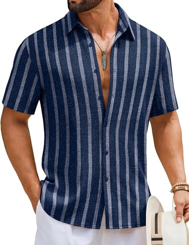 COOFANDY Camisa de manga corta para hombre, camisa de verano a rayas, camisa de manga corta texturizada, camisa ligera para ocio, para vacaciones, playa y casual inteligente