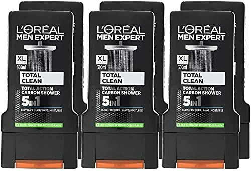 L'Oréal Paris Men Expert Total Clean 5-in-1 [Body, Face, Hair, Shave & Moisturise] Carbon Shower Gel, Tackling all Impurities with A Fresh & Clean Scent, 6 x 300ml