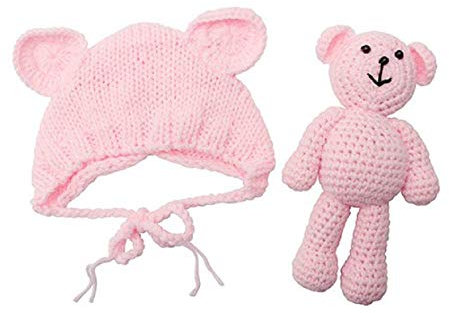 Matissa nyfödd baby, virkad stickad kostym, fotografering, rekvisita, baby, björn, hatt och docka, set (blekrosa)