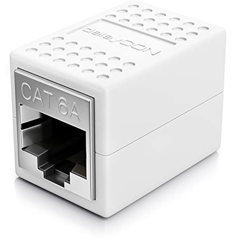deleyCON 1 Pieza Acoplador RJ45 (10 Gbit/s) LAN Cable de Extensión de Cable de Red Ethernet Adaptador Conector Compatible con Cat8, Cat7, Cat6, Cat5 Patch Cable LAN DSL POE 2X RJ45 Enchufe - Blanco
