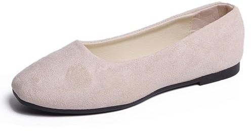 Hwalleum Women's Casual Square Toe Ballet Flats Ladies Stylish Slip On Ballerina Flats Girls Fashionable Solid Color Ballet Pumps Dolly Shoes Womens Comfy Office Driving Flat Shoes Loafers Beige