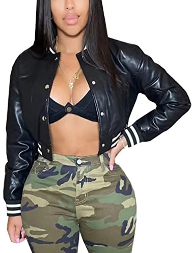 Mintsnow Faux Leather Jacket Women Long Sleeve Crop Bomber Jacket Casual Button Down Baseball Coat Outerwear with Pockets