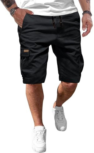 JMIERR Kurze Hosen Herren Baumwolle Cargo Shorts Herren Sommer Freizeithose mit Taschen Schwarz L