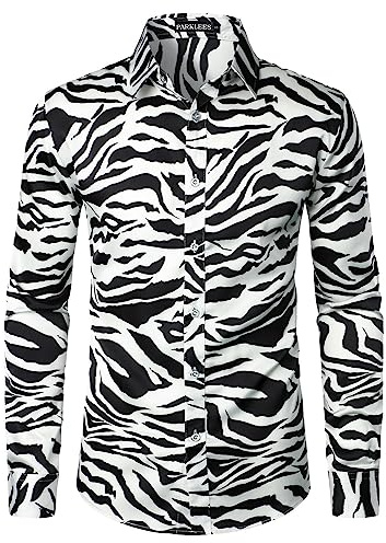 PARKLEES Men's Hipster Silk Printed Slim Fit Long Sleeve Button Up Satin Dress Shirts | Stylish, Printed, Button up, Disco, Paisley, Floral, 60s