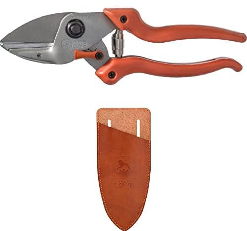 Original LÖWE Set bestehend aus Profi Amboss Gartenschere 6.104 für Schneidearbeiten am Apfelbaum oder Pflaumenbaum & Klingenschutz und Holster 9808 zum Schutz beim Tragen am Körper vor Verletzungen