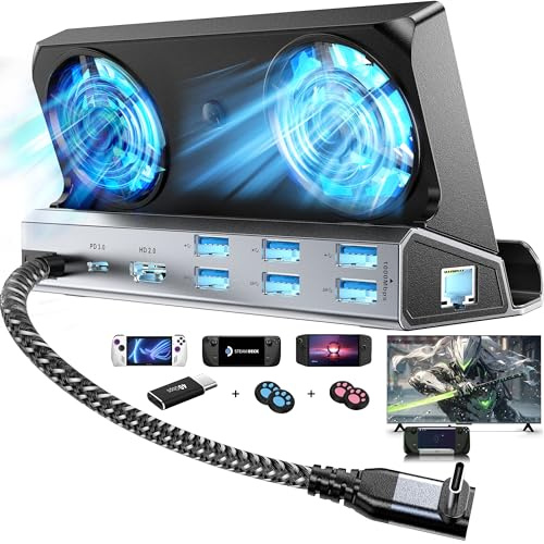 Base YCBUENO 13 en 1 con Doble Ventilador para Steam Deck de Valve y OLED/Switch y 2 / ASUS ROG Ally y X/Lenovo Legion Go y S y 2 / MSI Claw, Base para Nintendo Switch 2,Accesorios para Steam Deck