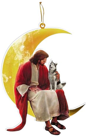 Jesus Weihnachtsbaumschmuck – Acryl-Weihnachtsbaumschmuck, Hund und Jesus sitzen auf dem Mond, Weihnachtsschmuck für Weihnachtsbaum, Urlaub, Hochzeit, Party Phasz