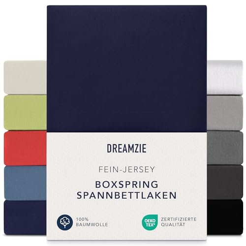 Dreamzie Premium Spannbettlaken 180x200 cm - 200x200 cm - 37cm Seitenhöhe - auch für Boxspringbett & Wasserbett - Bettlaken Boxspringbett 100% Jersey Baumwolle, 150 g/m² - Oeko-TEX - Dunkelblau