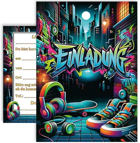 10 Kinder Einladungskarten Einladung Kindergeburtstag Graffiti Neon City Beats Jungen und Mädchen Kinder-Geburtstag Geburtstag Party Einschulung 5 6 7 8 9 10 11 12 13 14