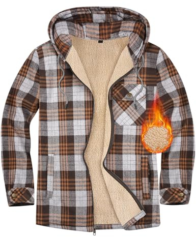 Xnova Flanellskjorta Herr Långärmad Rutig, Casual Zip Sweatshirt Huvjacka Fleecefoder, Varm Kappa Vadderad Skjorta Hoodies Sweatshirt med Fickor Vinter Höst, Brons, L