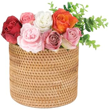 IGNPION Rattan Paper Bin, Small Desk Wicker Wastebasket for Bedroom, Kitchen or Office, 20.5cm Round Mulitpurpose Woven Storage Bin for Planter, Toy, Makeup