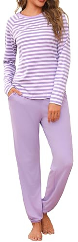 Uniexcosm Women's Pyjama Sets Cotton Long Sleeve Pjs for Women Soft Striped Top and Pants Sleepwear for Ladies with Pockets Casual Loungewear S-3XL