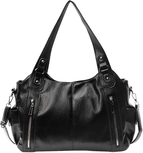 Générique Sac à bandoulière pour Femme avec Sac Fourre-Tout Multi-Poches en Cuir PU avec Fermeture éclair Sac de Messager Sac à Main rétro Tendance pour Les Voyages de Travail (Noir)
