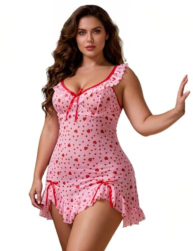 ohyeahlady Women's Sexy Lingerie Babydoll Nightwear Heart Print Mesh Chemise with Underwire,Y2K Open Back Plus Size Nightie for Hen Nights,Bridal Trousseau Pink XL