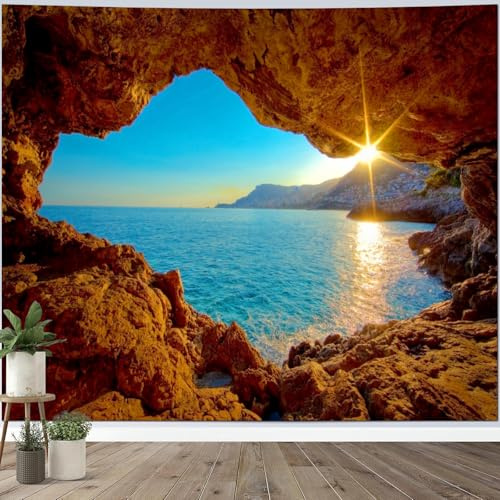 Calefee Arazzi da Parete Moderni 200x200, Arazzo Parete con Grotta Tramonto Sul Mare, Decorazione Murale per Soggiorno