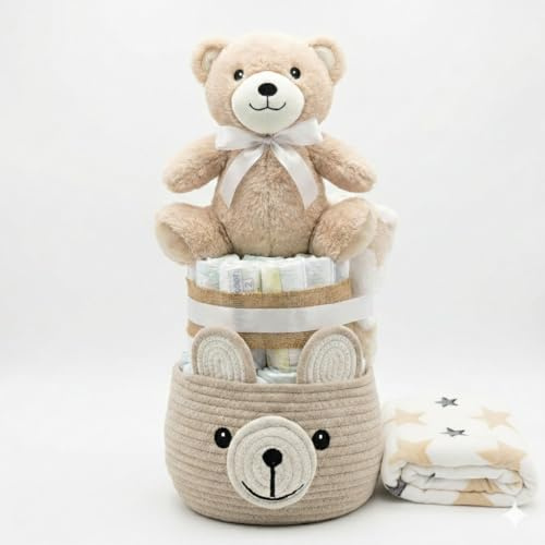 Tarta Pañales para Bebé Recien Nacido con Cesta Regalo con Peluche Oso Marrón y Manta con Dedicatoria Canastilla Bebe Original Sensitive Unisex Detalle Nacimiento Baby (2 Pisos 25 Pañales Talla 2)