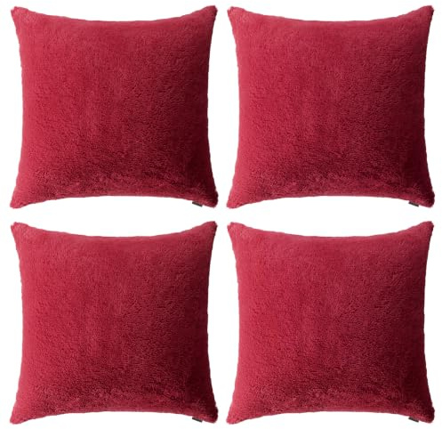 Thmyo 4-Pack Super Soft Fluffy Faux Fur Cushion Covers 45x45 cm Wine Red | Comfortable Plush Square Throw Pillow Cases Decorative Pillowcases for Sofa Bed Couch Living Room Home Decoration