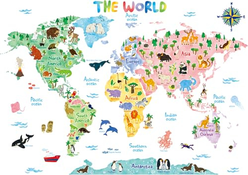 DECOWALL SG2-1615S Animal World Map (Large) Kids Wall Stickers Decals Peel and Stick Removable for Nursery Bedroom Living Room Art murals Decorations
