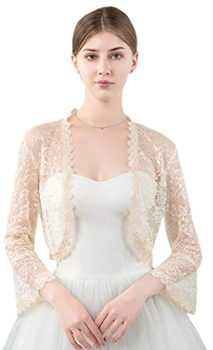 ACVIP Bolero de mujer con encaje floral, chaqueta corta para vestidos de noche, champán, talla única Middle sleeve